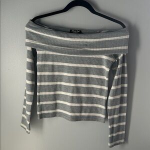 Elegant Off-Shoulder Striped Sweater - Gray and White